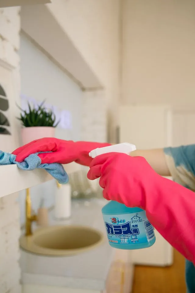 Schoonmaakdoek en spullen voor kattenbak naast de bak